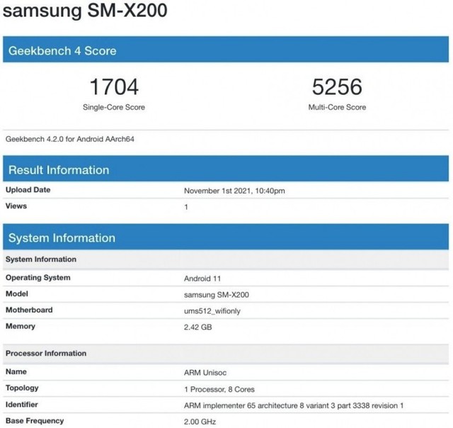 三星Galaxy Tab A8 2021平板现身GeekBench 多核跑分5256分