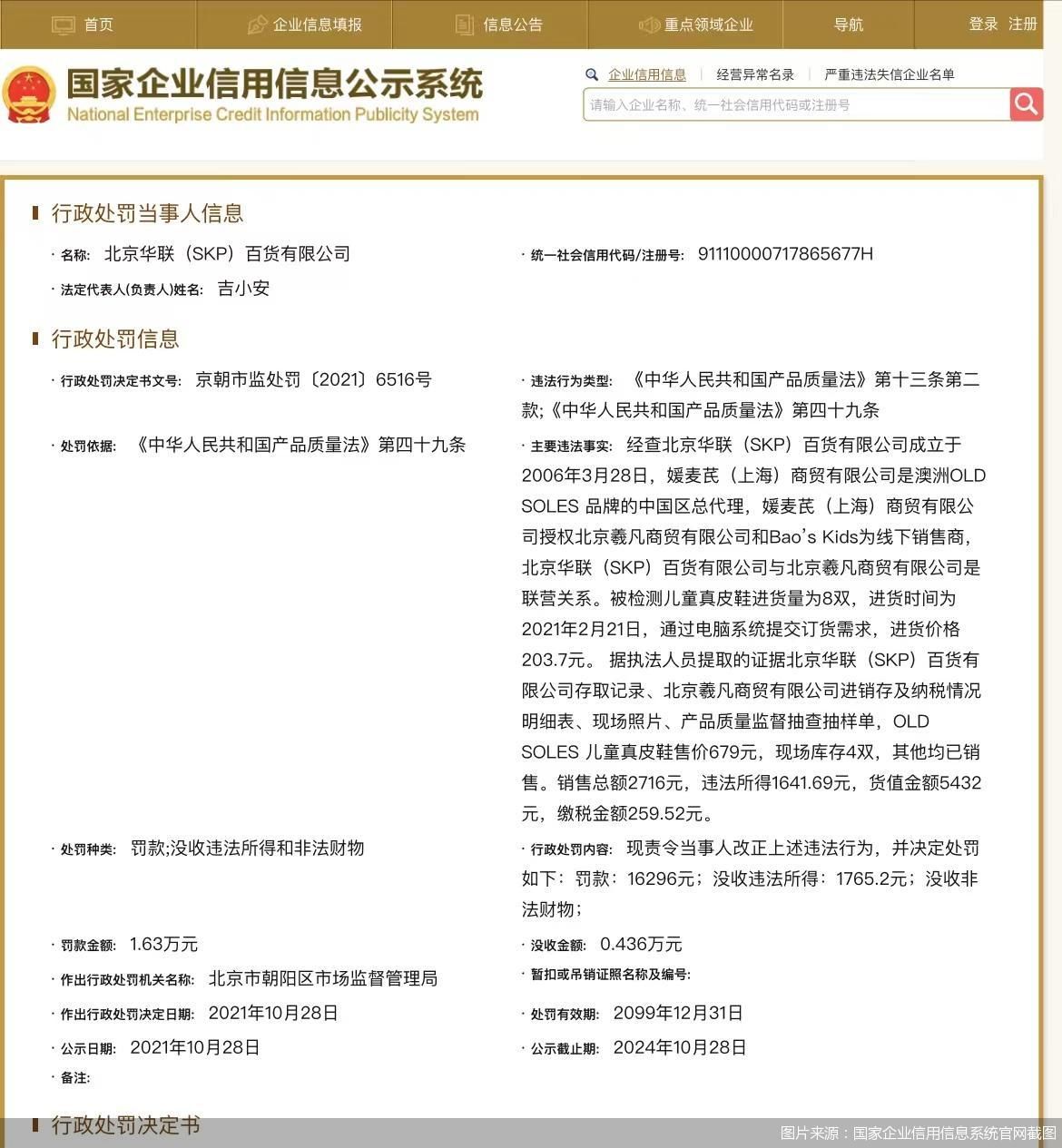 北京华联(SKP)百货有限公司被罚款 并没收违法所得和非法财物