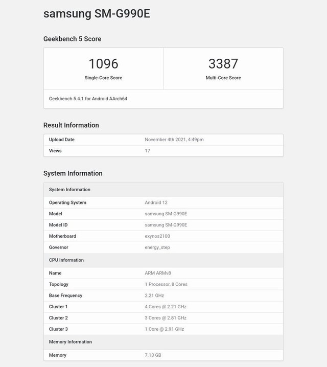 三星Galaxy S21 FE跑分现身Geekbench平台 或将于明年年初发布