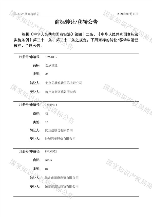 比亚迪股份有限公司将商标“魏”转让给长城汽车有限公司