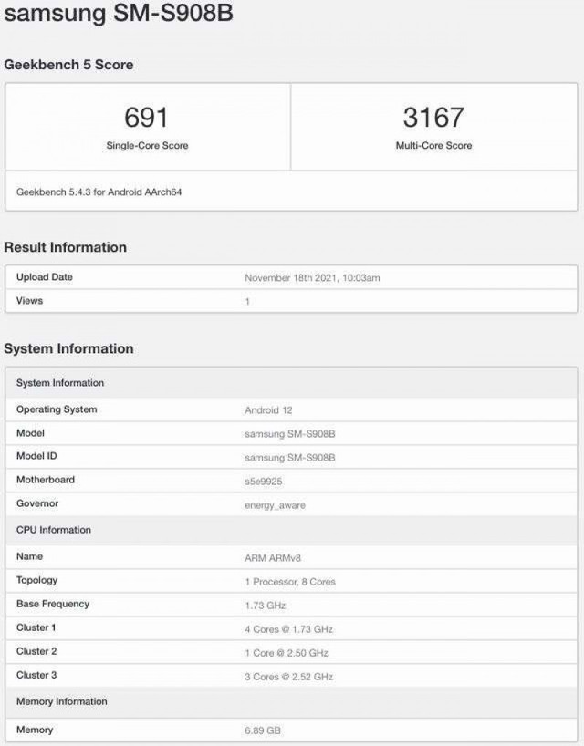 三星Galaxy S22Ultra现身Geekbench 相关成绩和配置已曝光